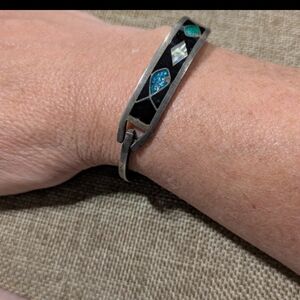 vintage Mexican alpaca silver cuff bracelet with abalone and turquoise inlay